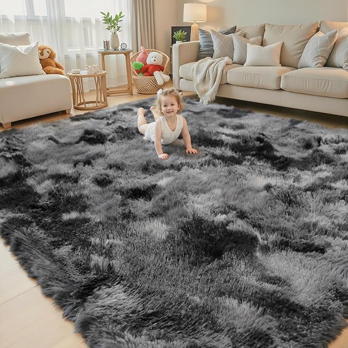 Rugs for Living Room 5x8, Alfombras para Salas Shag Large Plush Soft Area Rug, Shaggy Carpets for Bedroom,Boys Girls Home Decor Aesthetic(Dark Grey Tie-Dyed, 5 x 8 Feet)