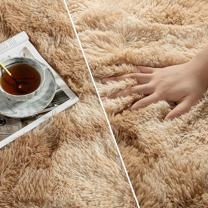 Deerhoo Shag Area Rug, 4 X 6 Tie-Dyed Plush Fuzzy Rugs for Living Room, Ultra Soft Fluffy Furry Rug for Bedroom, Indoor Carpet Nursery Rugs for Kids Room Home Decor, Beige