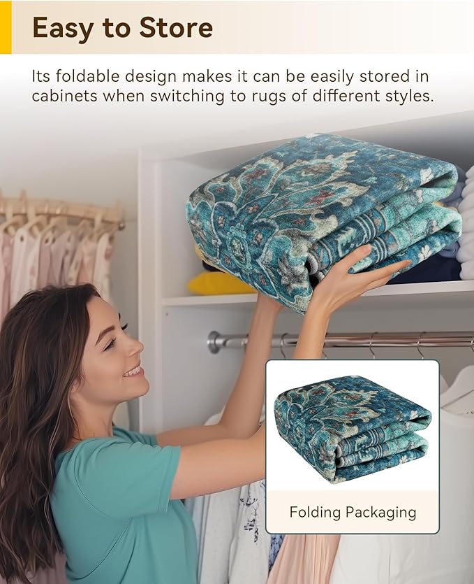 RELEANY Area Rugs Round 7ft Washable Non-Slip, Floral Vintage Distress Medallion Carpet for Living Room Bedroom Dining Room, Teal Green Lake Blue Turquoise