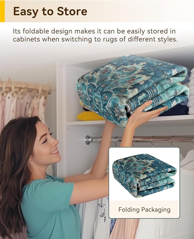 RELEANY Area Rugs Round 4ft Washable Non-Slip, Floral Vintage Distress Medallion Carpet for Living Room Bedroom Dining Room, Teal Green Lake Blue Turquoise