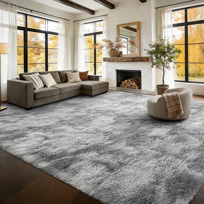 Extra Large 8x10 Area Rugs for Living Room Decor, Non-Slip Shaggy Tie-Dyed Rugs for Bedroom Kids Playroom Dorm Room, High Pile Ultra Soft Carpet, Grey