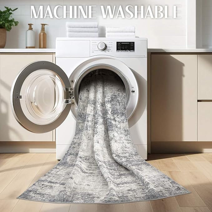 Abstract 8x11 Area Rug: Machine Washable Non Slip Ultra Thin Low-Pile Carpet, Soft Stain Resistant for Living Dining Room Bedroom, Kid Pet Friendly, Robot Vacuum Compatible - Beige Dark Grey