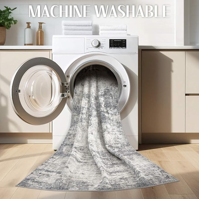 Abstract 6x9 Area Rug: Machine Washable Non Slip Ultra Thin Low-Pile Carpet, Soft Stain Resistant for Living Room Bedroom Nursery, Kid Pet Friendly, Robot Vacuum Compatible - Beige Dark Grey