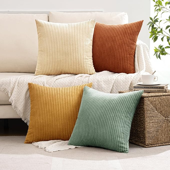 MIULEE Boho Farmhouse Throw Pillow Covers 18x18 Inch Set of 4 Summer Modern Natural Decorative Cushion Covers Soft Corduroy Fall Decor for Couch Bed Sofa Living Room Orange Teal Gradient Series