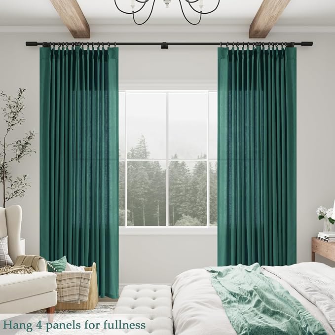 Aersas Dark Green Pinch Pleated Linen Curtains 96 Inch Length 2 Panels for Living Room Bedroom Semi Sheer Window Curtain Boho Neutral Back Tab Pinch Pleat Drape with Hooks 40x96