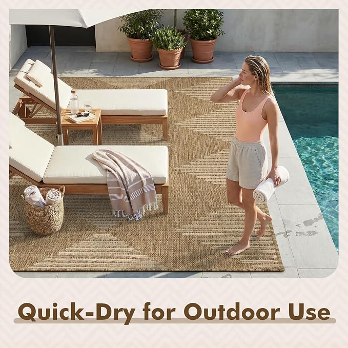 MontVoo-Outdoor Rug Carpet Patio Rug 8x10 Polypropylene Indoor Outdoor Rugs for Patio Deck Balcony Porch, Textured Weave, Durable for High Traffic, Fade-Resistant, Boho Geometric Neutral Brown