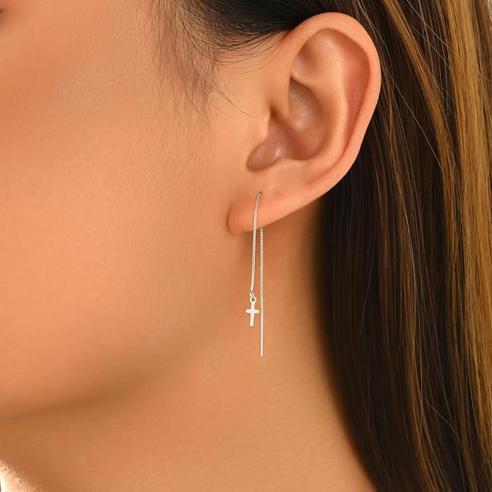 Cross Threader Earrings for Women 925 Sterling Silver Dainty Long Chain Ear Line 14K Gold Plated Elegant Cross Faith Dangle Tassel Earrings Hypoallergenic Drop Stud Christian Wedding Jewelry Gift