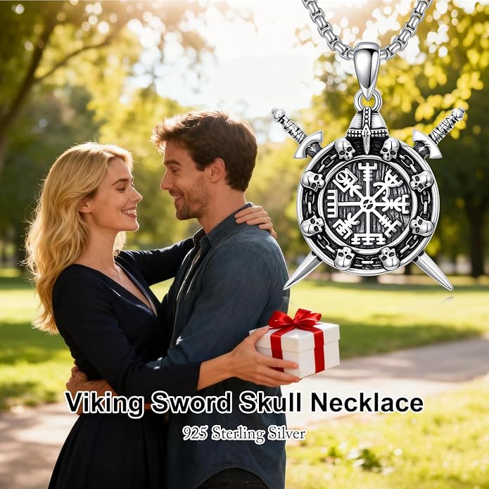 PROESS Viking Axe/Sword/Skull Necklace S925 Sterling Silver Thors Hammer Necklace Amulet Dagger Pendant Norse Viking Rune Jewelry Gifts for Men Women