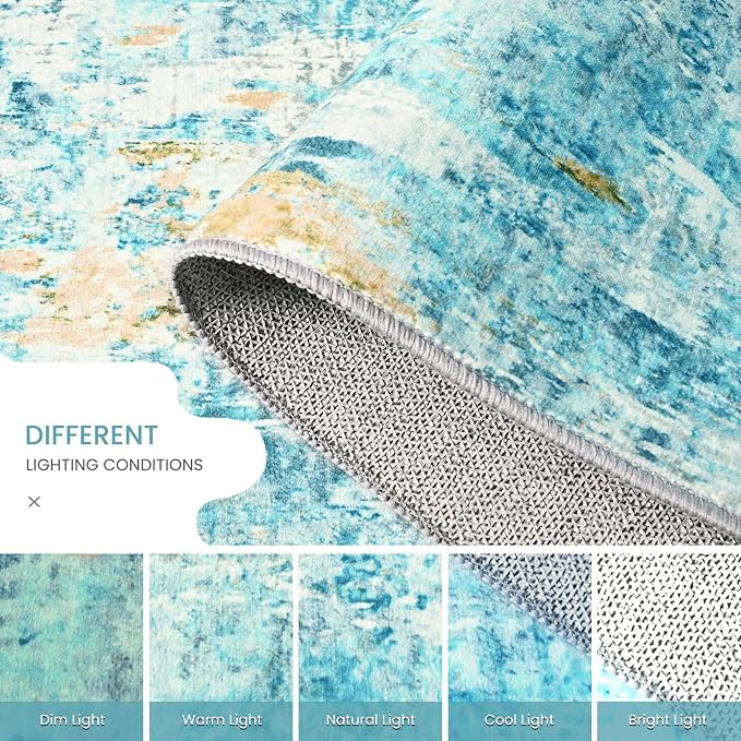 Runner Rug for Kitchen Teal Blue Hallways Runner Rug Non Slip 2'6''x8' Washable Long Runner Rugs with Rubber Backing Soft Abstract Carpet Runner for Entryway, Kitchen, Bedroom, Bathroom