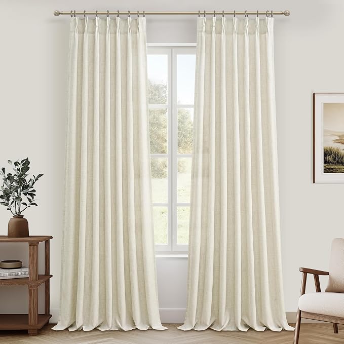 Pinch Pleated 70 Inch Extra Wide Cream Light Filtering Dining Room Curtains 96 Inches Long, Memory Shape Natural Linen Semi Sheer Privacy Modern Windows Curtain 8 FT Length Viral Drapes 2 Panels Set