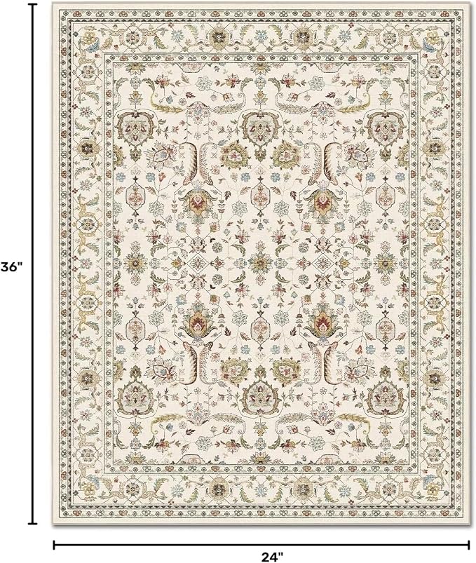 Washable 2x3 Entryway Rug, Boho Vintage Non-Slip Door Mat, Beige | 0.3" Neutral Throw Small Rugs for Bedroom Kitchen Nursery Entrance, Cushioned for High-traffic Area