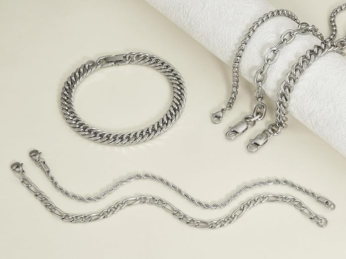 XIANNVXI 6pcs Bracelets for Men Gifts for Him Stainless Steel Bracelet Silver/Gold/Black Cuban Link Rope Paperclip Chain Bracelets Set 6.5/7/7.5/8.3/9 Inches Metal Bracelet Mens Fashion Accessories Jewelry Gifts Set