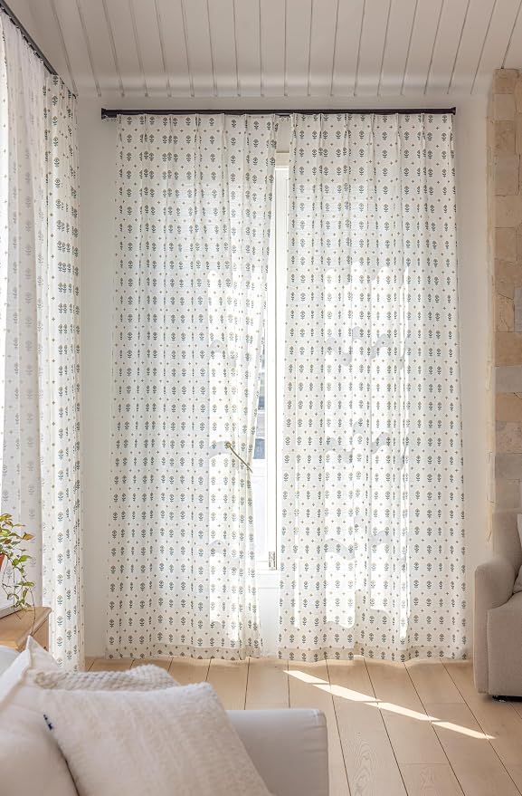 DrapePalette - Linen Blend Pinch Pleated Curtains 90 Inches Long for Living Room, Bedroom, Dining Room, Light Filtering Curtains 2 Panels Set, Modern Floral Printed Design, Golden Bloom, 30" W x 90" L