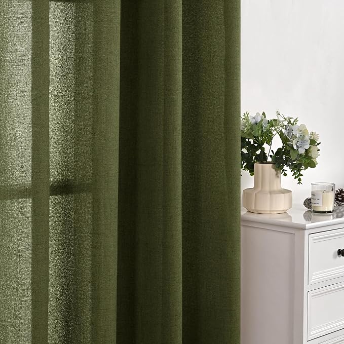 YoungsTex Olive Linen Curtains 54 Inch Length 2 Panels for Short Window, Dark Green Semi Sheer Drapes Light Filtering with Bronze Grommet for Living Room Bedroom, 42 X 54 Inch