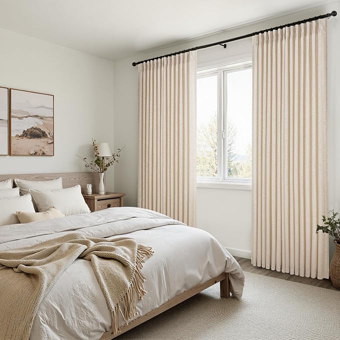 Topfinel 105 Inch Curtains 2 Panels Set,Two Packs Pinch Pleat Back Tab Linen Window Semi Sheer Privacy Thick Decorative Curtain Drapes for Living Room Bedroom,40x105 in Long,Sand Beige