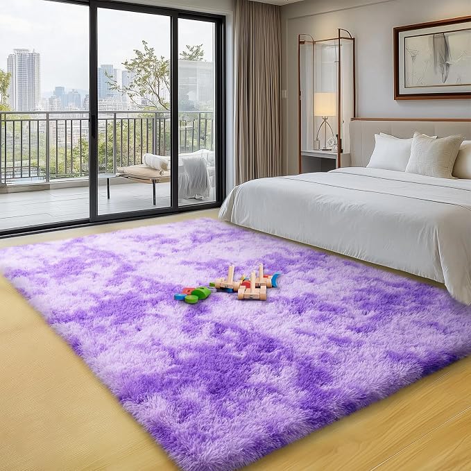 qulint 4x6 Purple Area Rugs for Bedroom, Soft Fluffy Rug for Living Room | Fuzzy Shag Small Carpet, Plush Shaggy Tie-dyed Purple Rug for Dorm Kid Room Classroom Home Decor