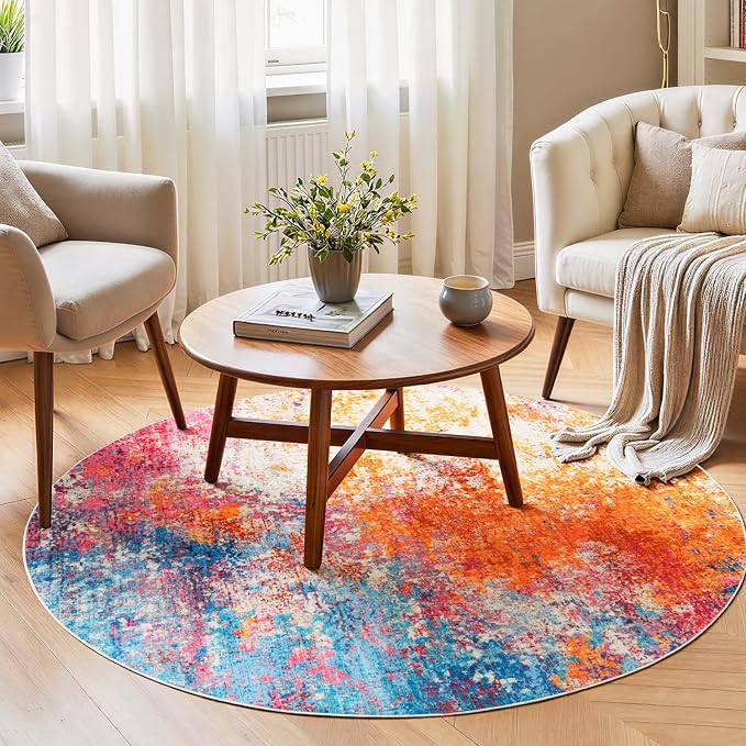Rugflix Round Area Rugs 4Ft for Living Room, Washable Circle Rug Stain-Resistant Low Pile, Modern Dark Carpet for Bedroom Dining Room Home Office Kid Nursery Room, Rainbow