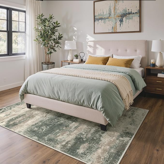 GENIMO Area Rug 5x7 Washable Abstract Modern Rug Non Slip, Throw Rugs Neutral Low Pile Lightweight Soft Large Carpet for Living Room, Bedroom, Dining Room, Sage Green Sand