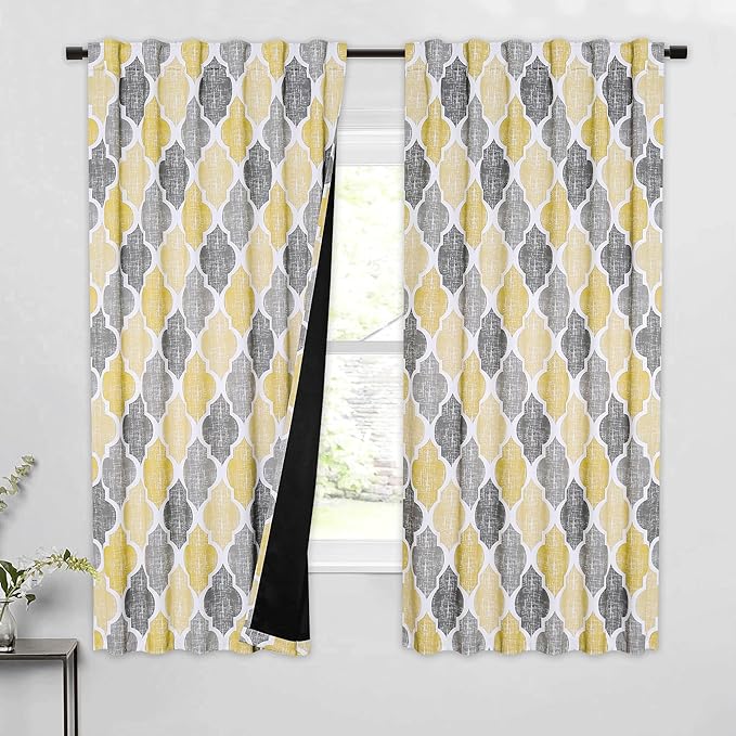 Beauoop Moroccan 100% Blackout Curtains Bedroom Yellow Grey 50x63 2 Panels | Geometric Room Darkening Drapes for Living Room 84 Inch Long Thermal Insulated Soundproof Lattice Window Treatment Rod Pocket