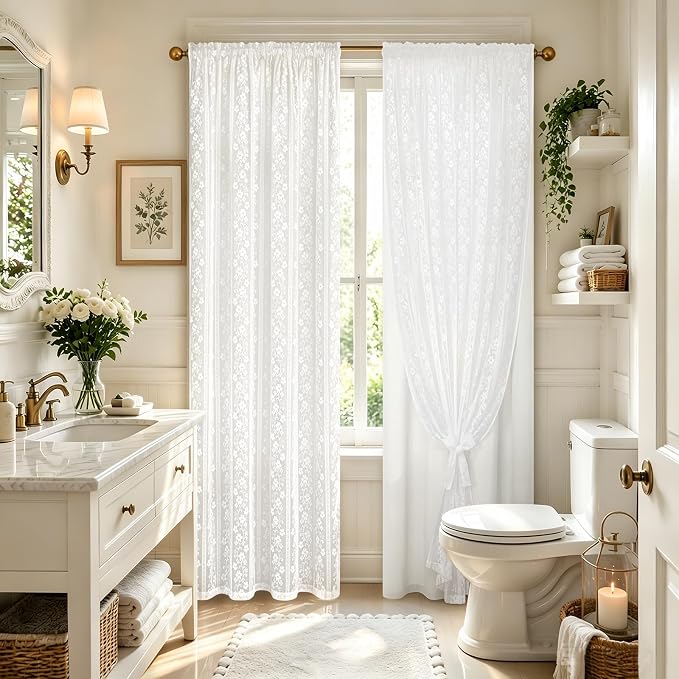 ASPMIZ Linen Curtains for Living Room Double Layer Curtains with Linen Lace, White Curtain for Bedroom Light Filtering, Rod Pocket Drapes 84 Inch Length 2 Panels Set with 2 Tiebacks, 52x84