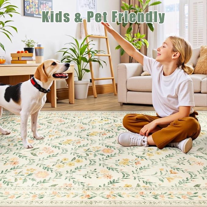 Runner Rug for Entryway: 2x5 Kitchen Rugs Non Slip Washable Ultra-Thin Soft Floral Carpet Indoor Floor Stain Resistant Carpets for Hallway Bedroom Kitchen Laundry Bathroom Dorm Beige/Multi