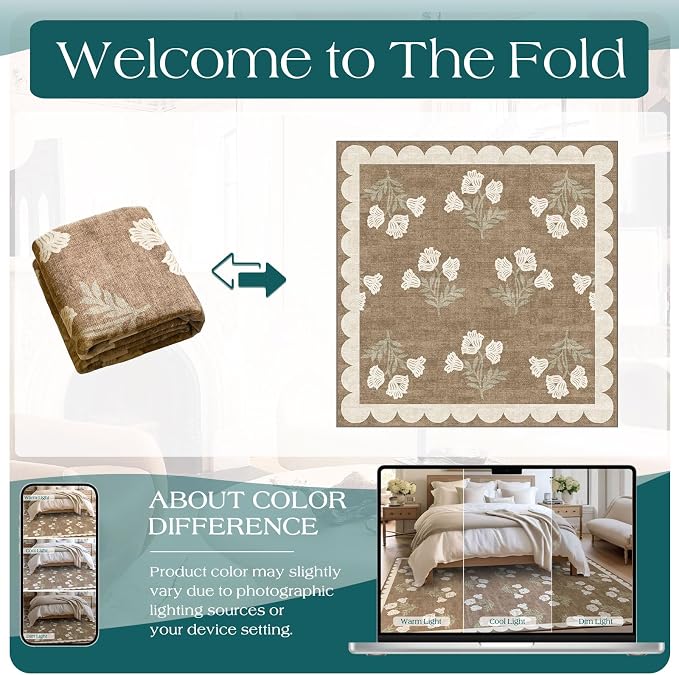 Tan Square Rug 4ft - Soft Washable Boho Farmhouse Square Entryway Rug Non Slip 4x4 Stain Resistant Cottage Floral Scalloped Throw Rugs for Living Room Bedroom Dining Room Bathroom Nursery