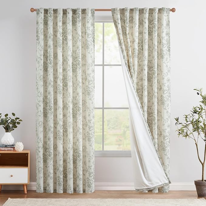 jinchan Green Floral Linen Curtains Lined 84 Inch Vintage Back Tab 2 Panels | Privacy lining, light filtering drapes, vintage, cottagecore, french country, rustic, bedroom, living room, window treatment
