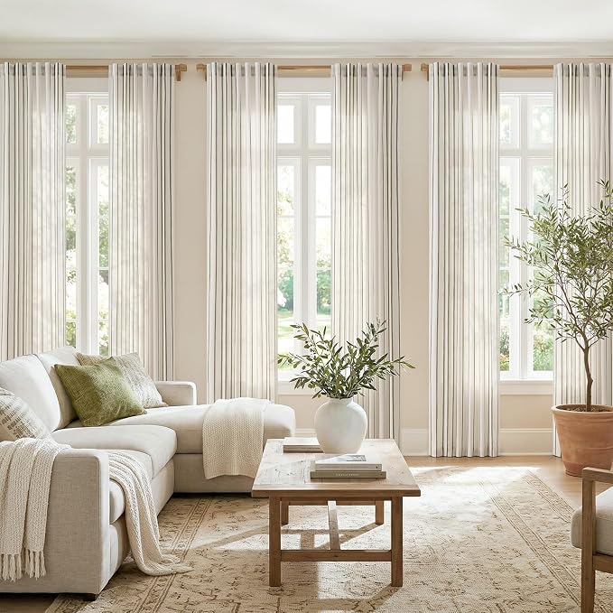 Vangao Striped Curtains Green on White Semi Sheer Curtains 84 Inches Long for Living Room Bedroom Modern Farmhouse Linen Textured Light Filtering Drapes 2 Panels Olive Green W50 x L84 Inch