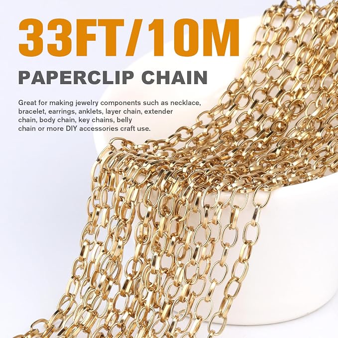 33FT Gold Paperclip Chain Jewelry 3MM 18K Gold PVD Plated Stainless Steel Paperclip Link Chain Roll Bulk for Jewelry Making
