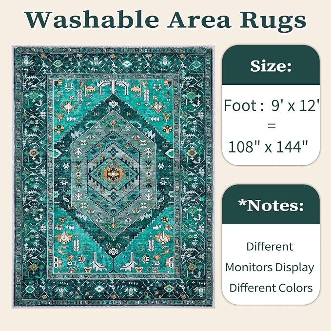 SERISSA Washable Rugs 9x12 Area Rugs, Large Non-Slip Boho Living Room Teal Rug, Ultra Soft Vintage Print Distressed Oriental Tribal Farmhouse Carpet for Dining Room Bedroom Dorm Office Home Decor
