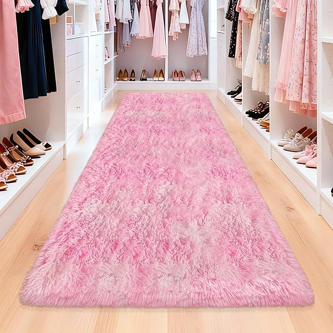 Fluffy Pink Shag Rug for Bedroom Girls 3x10 Runner Rug, Soft Pink Fuzzy Rug for Girls Room Bedside Living Room Hallway Plush Long Carpet Runner for Kids Room Nursery