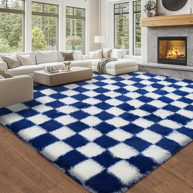 8x10 Fluffy Living Room Rug: Navy Blue and White Checkered Rugs for Living Room- 8x10 Large Fluffy Rug for Bedroom- Soft Plush Shag Carpets for Boys Girls Teen Room, Home Decor (Navy Blue/White)