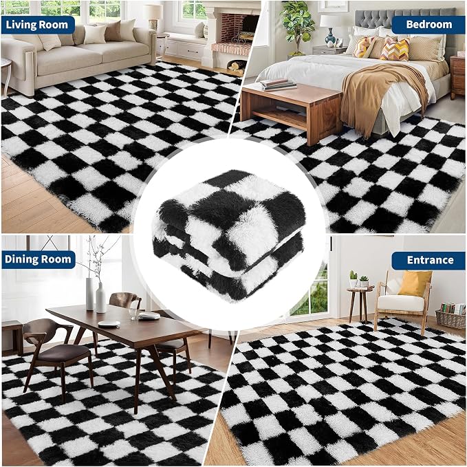 Garvee Checkered Rug 4x6 Super Soft Shaggy Rugs Fluffy Carpets Fluffy Fuzzy Rug for Living Room Bedroom,Checkered Fluffy Rugs for Girls Kids Room, Shag Plush Carpet for Teen Room Decor, Black-White