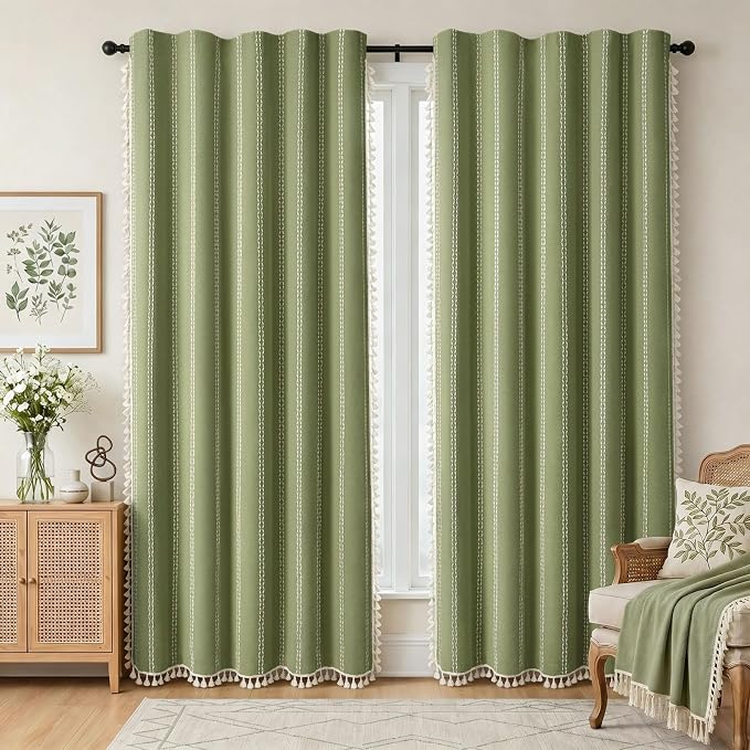 Olive Green Boho Blackout Curtains 2 Panels 84 Inch for Living Room Bedroom, Linen Texture Farmhouse Curtains with Tassels and White Cotton Embroidery Vintage Rustic Country Western