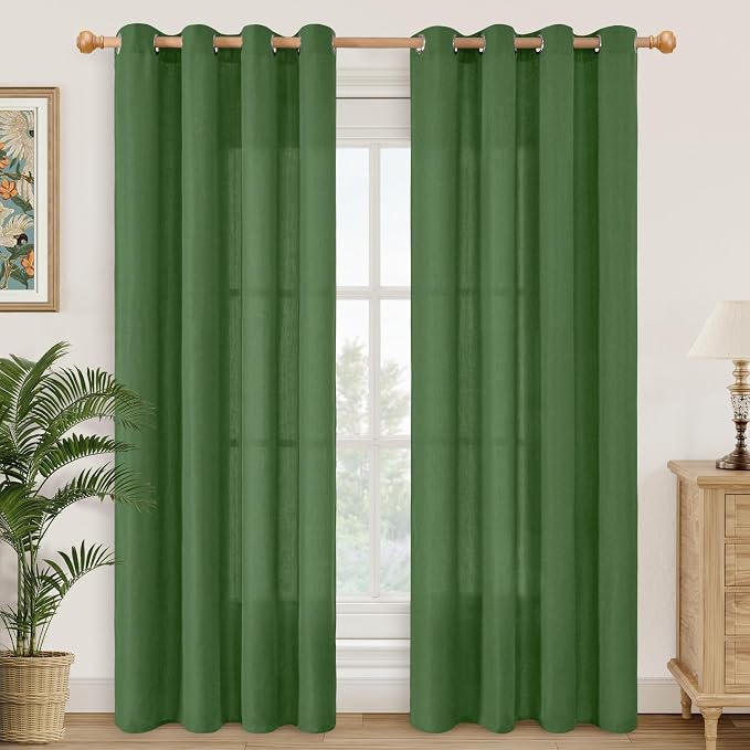YoungsTex Forest Green Linen Curtains 80 Inches Long for Living Room, Grommet Light Filtering Drapes Privacy for Bedroom Dining Room Office Spring Decorative, 2 Panels, 52 X 80 Inch