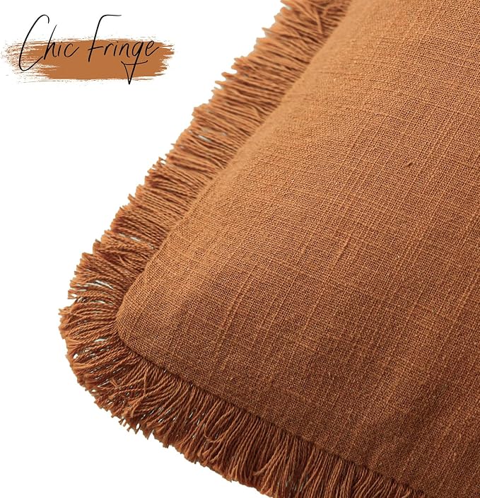 Foindtower Set of 2 Decorative Linen Fringe Throw Pillow Covers Cozy Boho Farmhouse Cushion Cover with Tassels Soft Accent Pillowcase for Couch Sofa Bed Living Room Home Decor, 16×16 Inch, Orange