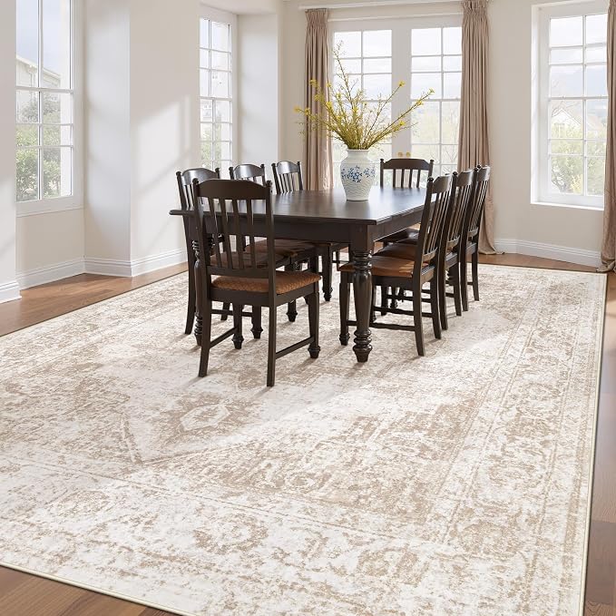 Area Rug 10x12 Vintage Rug: Large Washable Indoor Medallion Rugs Low Pile Distressed Floor Carpet Retro Accent Rug for Living Room Bedroom Dining Room Home Office(Beige, 10'x12')