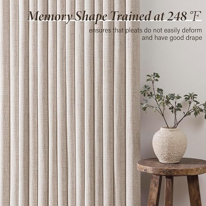 MIULEE Pinch Pleated Thick Linen Curtains 90 Inch 4 Panels Set Back Tab Memory Trained Pinch Pleat Semi Sheer Light Filtering Privacy Curtain Let Light in Window Drapes for Living Room Bedroom Natural