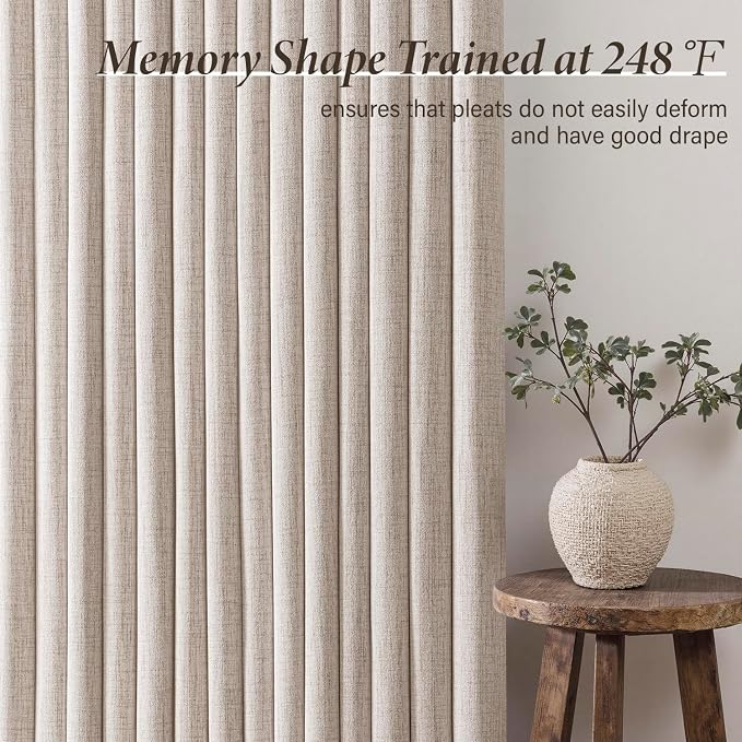 MIULEE Pinch Pleated Thick Linen Curtains 96 Inch 4 Panels Set Back Tab Memory Trained Pinch Pleat Semi Sheer Light Filtering Privacy Curtain Let Light in Window Drapes for Living Room Bedroom Natural