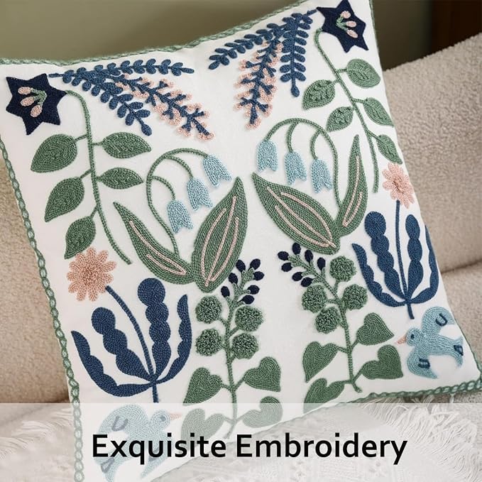 Embroidered Throw Pillow Covers 18x18 Pack of 2 Green and Navy Blue Leaves with Birds Pillow Covers Floral Tufted Pillowcases Summer Decorative Coastal Pillow Cushion Cases