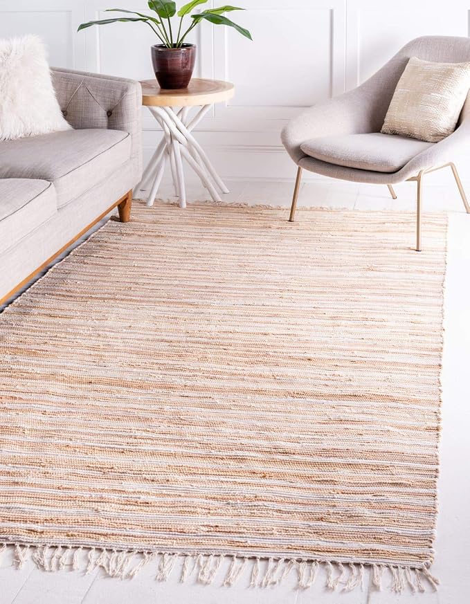 Unique Loom Chindi Cotton Collection Soft Hand Woven Natural Fiber Striped Area Rug, 2 ft 2 in x 3 ft, Beige/Ivory