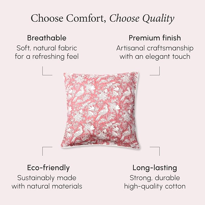 CPC 100% Cotton Throw Pillow Covers 24x24 Inch, Set of 2 Red Block Print Pattern Couch Pillow, Cute Boho Decorative Pillows for Living Room, Bedroom with Hidden Zipper- Pink Coral