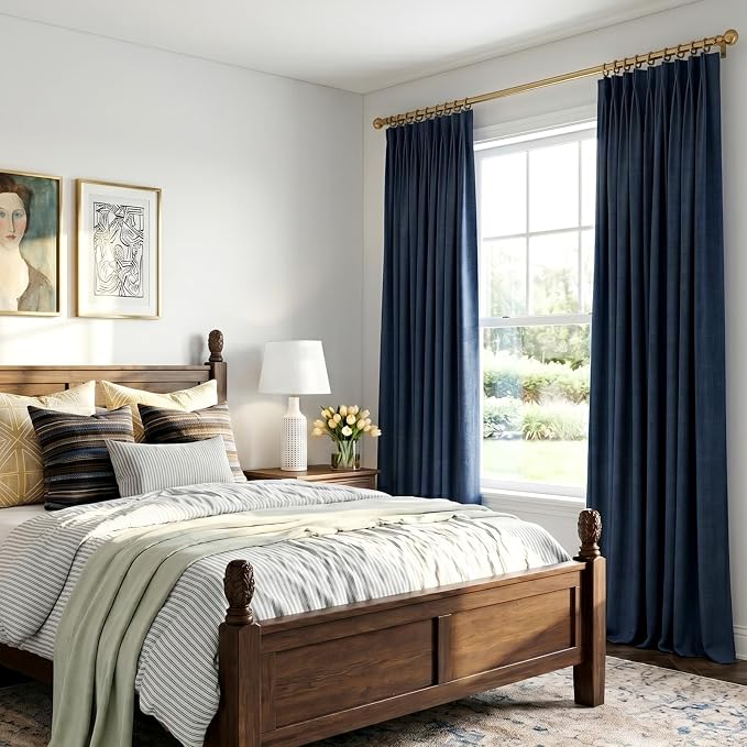 CAPALOCA Navy Blue Linen Pinch Pleated Curtains Blackout, 100% Black Out Curtains 90 inch Long for Bedroom, Blackout Thermal Insulated Pinch Pleated Drapes for Living Room, 60" W x 90" L, 1 Panel