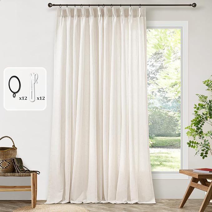 Pinch Pleated Extra Wide Linen Curtains 84 Inches Long 72 Inch Wide | Cream Ivory, Pleated Drapes, for Living Room Patio Sliding Glass Door, with Hooks Rings, Natural, Semi Sheer, 72x84 Curtain