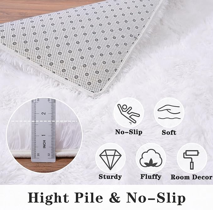 Dssimo White Fluffy Rugs for Bedroom 6x9 Soft Shag Carpet for Bedside | Plush Furry Non-Slip Cream Area Rug for Living Room Nursery Kids Room Dorm Room Home Decor, Indoor Plush Floor Carpet