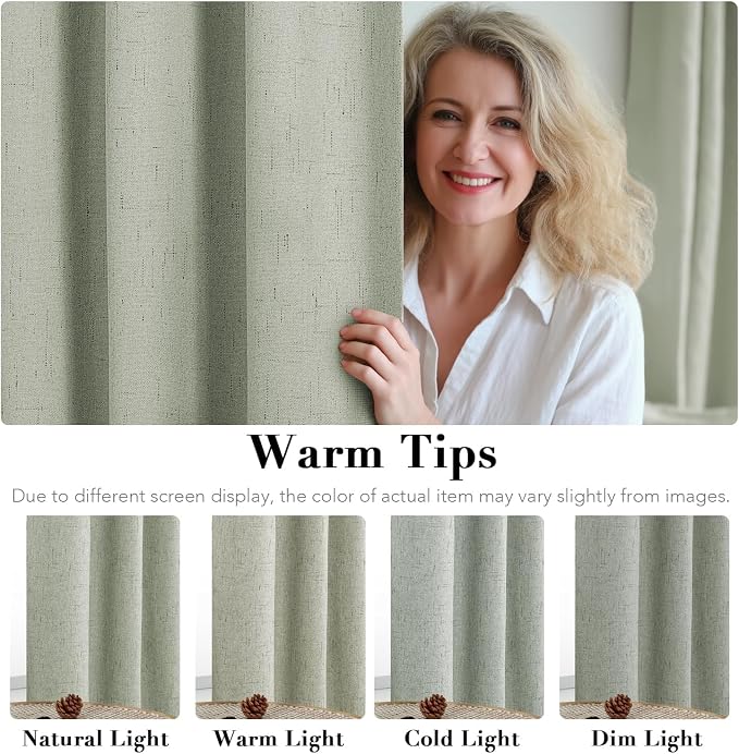 H.VERSAILTEX Linen Curtains 100% Blackout Curtains for Bedroom 90 inch Long Full Light Blocking Nature Linen Blended Window Curtains for Living Room Nickel Grommet (2 Panels, Sage)
