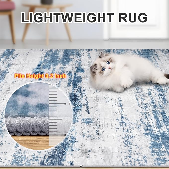 Area Rugs Living Room Rug - 5x7 Washable Modern Abstract Soft Neutral Non-Slip Carpet Large Indoor Floor Thin Carpets for Bedroom Dining Room Farmhouse Nursery Home Office White Blue Grey