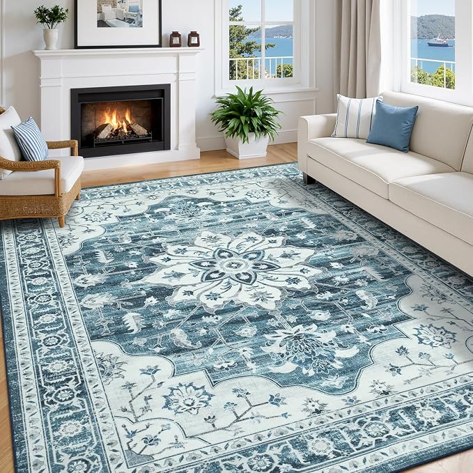 6x9 Coastal Blue White Area Rugs for Living Room - Vintage Boho Medallion Aesthetic Distressed Washable Rug, Soft Non-Slip Backing Low Pile Carpet for Office, Lounge, Bedroom Foot of Bed