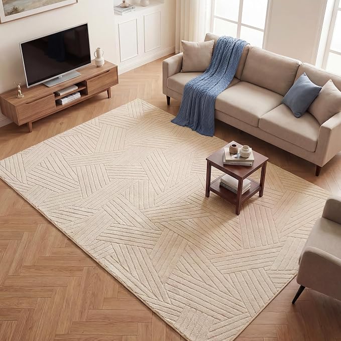Carvapet 6x9 Area Rug - Beige High Low Pile Modern Floor Carpet, Luxurious Soft 3D Texture Large Rug with Skid-Resistant Rubber Backing for Living Room Dining Room