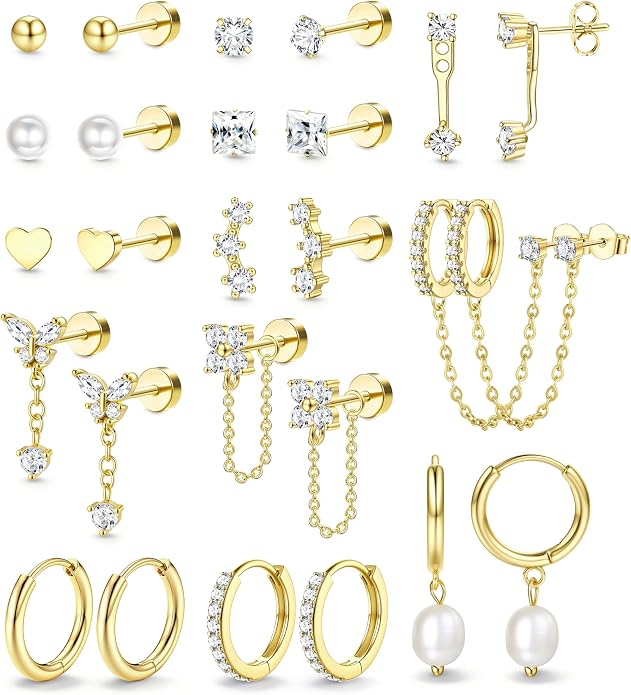 LOLIAS Hypoallergenic Flat Back Earrings Set for Women-Surgical Stainless Steel Earrings for Sensitive Ears-14K Gold Plated Chain Cartilage Earring Stacks Flatback Stud Hoop Earring Sets for Multiple Piercing Jewelry